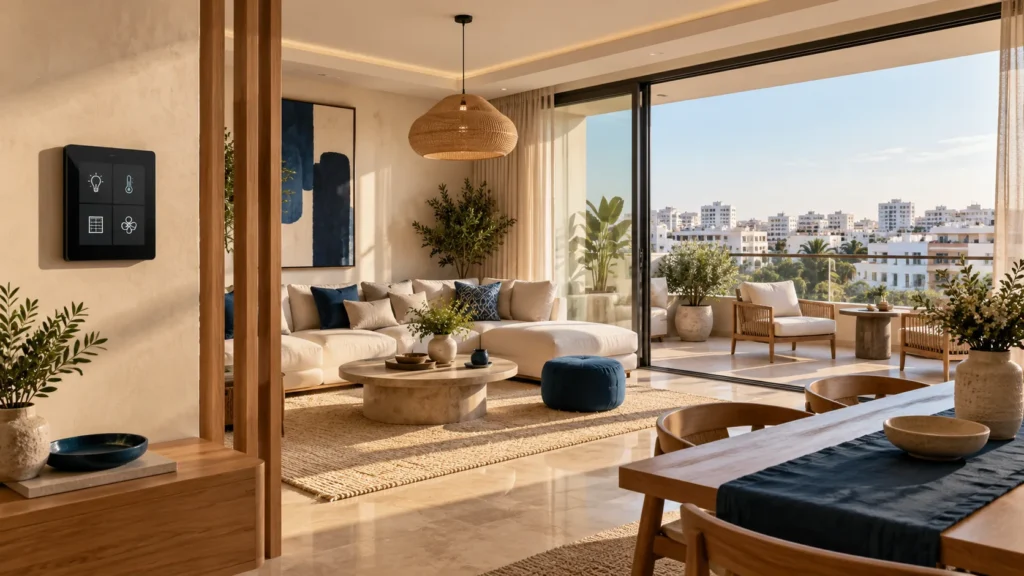 Salon d’appartement ouvert sur une vue de la ville en journée