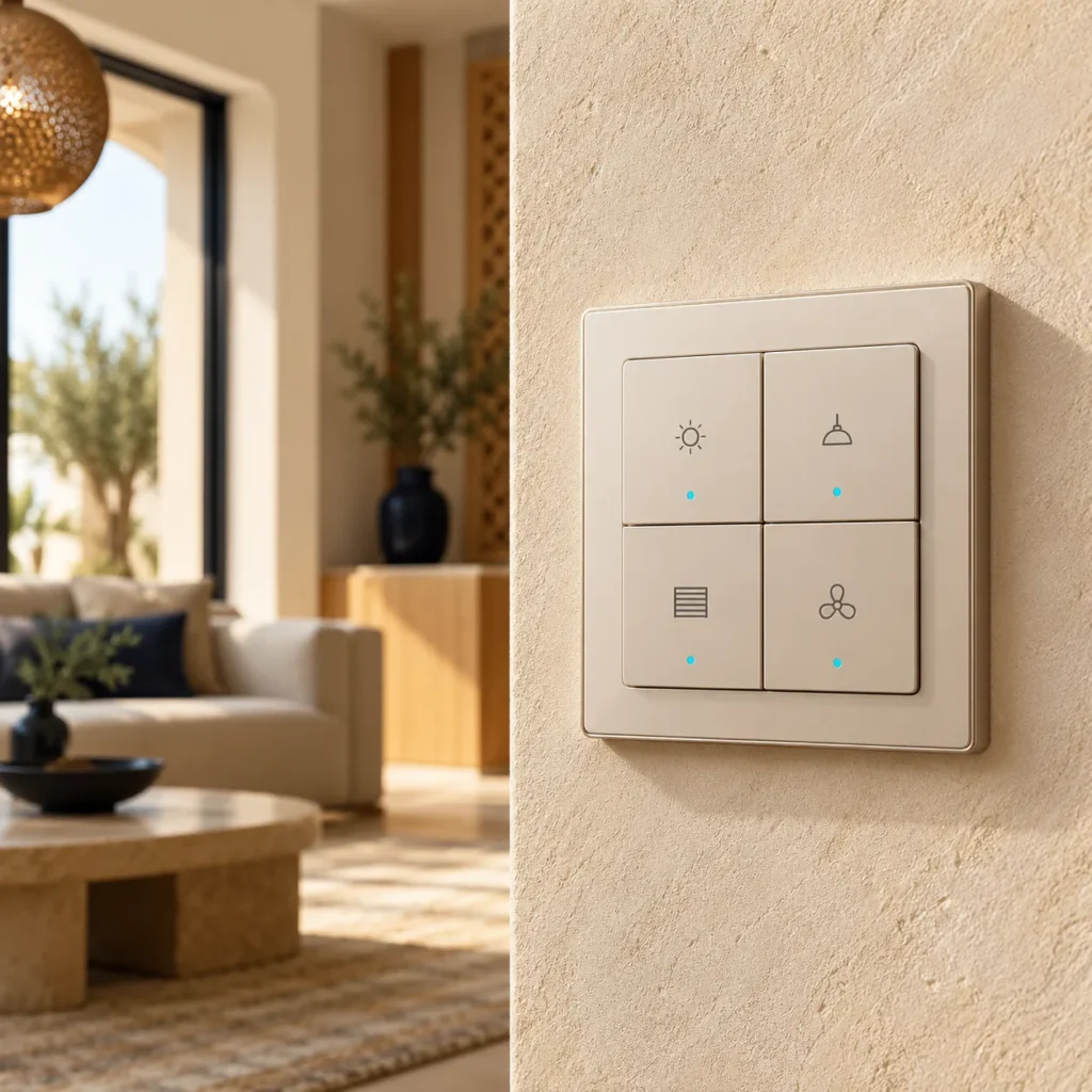 Gros plan sur un interrupteur connecté ivoire à quatre touches