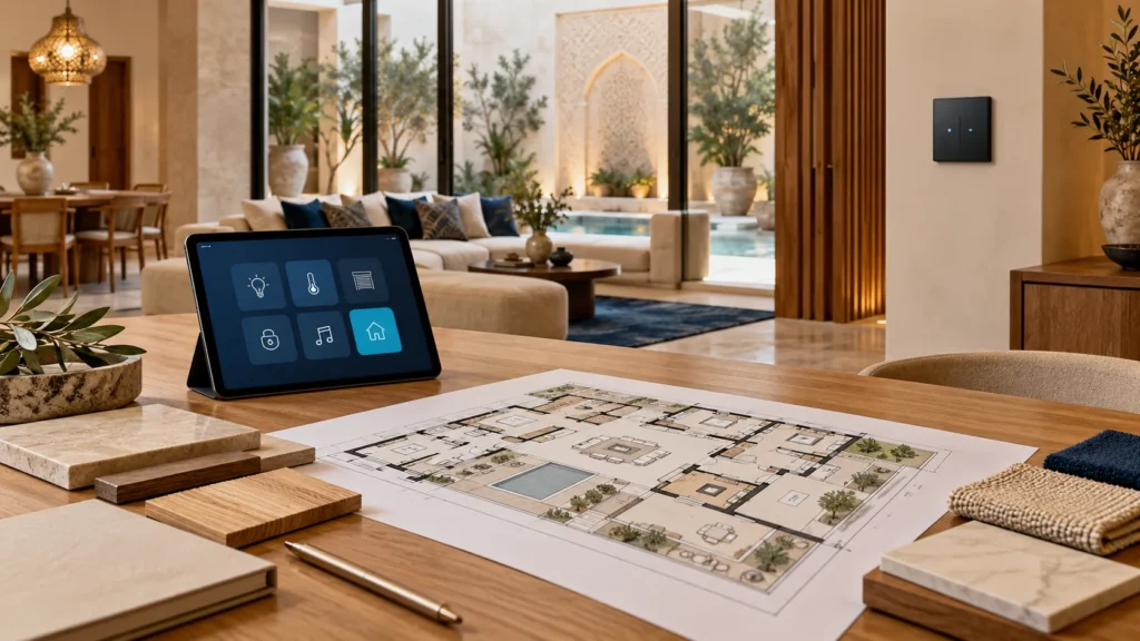Plan d’aménagement, échantillons de matériaux et tablette posés sur une table en bois