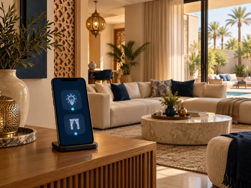 Smartphone affichant des commandes de la maison, posé devant un salon