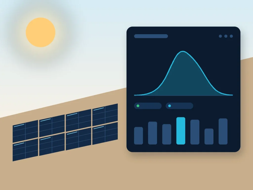Illustration : panneaux solaires sur un toit et tableau de bord affichant une courbe de production et des barres journalières