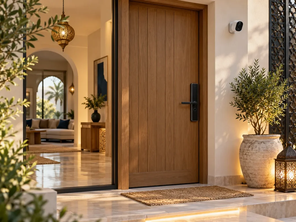Porte d’entrée en bois équipée d’une serrure connectée, avec un capteur au mur